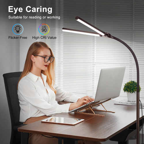 Floor Lamp, 18W/2000LM Bright LED Floor Lamp with Double Head, Adjustable Gooseneck Dimmable Craft Light for Sewing Tatoo Makeup, Eye Caring Brown Reading Floor Lamps for Living Room Bedroom Office