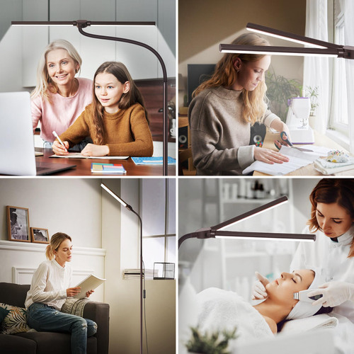 Floor Lamp, 18W/2000LM Bright LED Floor Lamp with Double Head, Adjustable Gooseneck Dimmable Craft Light for Sewing Tatoo Makeup, Eye Caring Brown Reading Floor Lamps for Living Room Bedroom Office