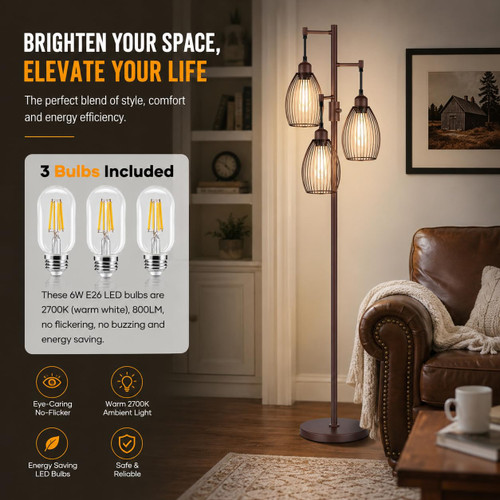Dimmable Floor Lamp,3x800LM LED Bulbs Included, Farmhouse Industrial Floor Lamp Standing Tree Lamp with Teardrop Cage Head Tall Lamp for Living Room Bedroom Office Dining Room - Matte Brown