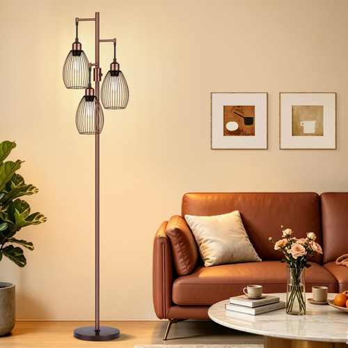 Dimmable Floor Lamp, 3 x 800LM LED Edison Bulbs Included, Farmhouse Industrial Floor Lamp Standing Lamp with Elegant Teardrop Cage Head Tall Lamp for Living Room Bedroom Office Dining Room - Brown