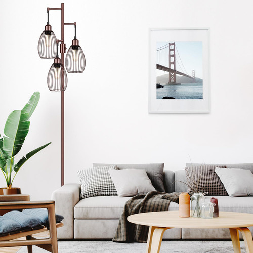 Dimmable Floor Lamp, 3 x 800LM LED Edison Bulbs Included, Farmhouse Industrial Floor Lamp Standing Lamp with Elegant Teardrop Cage Head Tall Lamp for Living Room Bedroom Office Dining Room - Brown