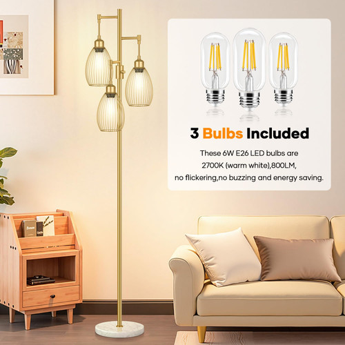 Dimmable Floor Lamp,3x800LM LED Bulbs Included, Farmhouse Industrial Floor Lamp Standing Tree Lamp with Teardrop Cage Head Tall Lamp for Living Room Bedroom Office Dining Room - Gold & Marble Base