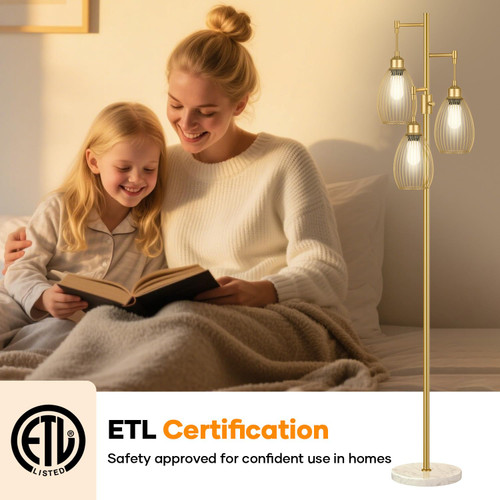 Dimmable Floor Lamp,3x800LM LED Bulbs Included, Farmhouse Industrial Floor Lamp Standing Tree Lamp with Teardrop Cage Head Tall Lamp for Living Room Bedroom Office Dining Room - Gold & Marble Base