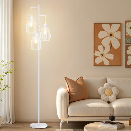 Dimmable Floor Lamp, 3 x 800LM LED Edison Bulbs Included, Floor Lamp Standing Lamp with Elegant Teardrop Cage Heads Tall Lamps for Living Room Bedroom Office