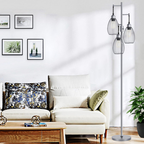 Dimmable Floor Lamp, 3 x 800LM LED Edison Bulbs Included, Industrial Floor Lamp Standing Tree Lamp with Elegant Teardrop Cage Heads Tall Lamps for Living Room Bedroom-Grey
