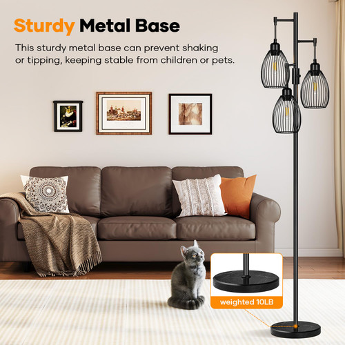 Dimmable Floor Lamp,3x800LM LED Bulbs Included, Farmhouse Industrial Floor Lamp Standing Tree Lamp with Teardrop Cage Head Tall Lamp for Living Room Bedroom Office Dining Room - Black & Marble Base