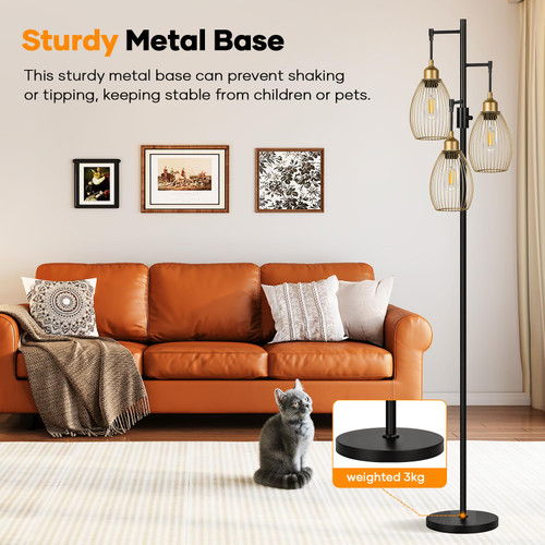 Dimmable Floor Lamp,3x800LM LED Bulbs Included, Farmhouse Industrial Floor Lamp Standing Tree Lamp with Teardrop Cage Head Tall Lamp for Living Room Bedroom Office Dining Room - Black Gold Edge