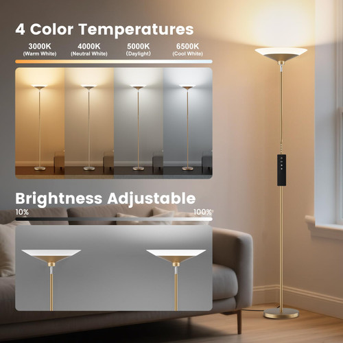 Torchiere Floor Lamp - 72" Tall LED Standing Lamp with Remote/Button Control, 1800Lm, 3000-6500K, 30W Dimmable Modern Corner Floor Light for Living Room Bedroom Office Apartment, Golden
