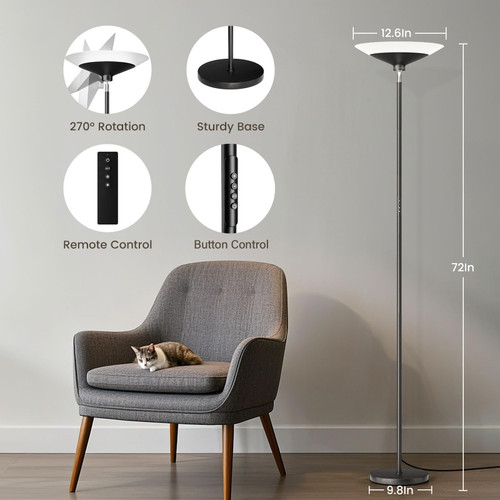 RGB Torchiere Floor Lamp - 30W Dimmable LED Standing Lamp with Remote, Multi Color Changing, 72in Tall Corner Light, Bright Standing Pole Light for Office Living Room Bedroom Basement, Black