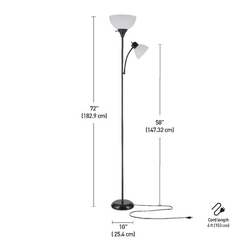 72" Floor Lamp with Adjustable Reading Light, Bright, Easy-to-Assemble Torchiere for Bedroom, Living Room & Office - Space-Saving Slim Design