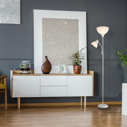 72" Torchiere Floor Lamp with Adjustable Reading Light, Matte White Finish, Frosted Shades, Rotary Switch on Socket, E26 Base