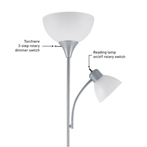 (Pack of 2) 72" Torchiere Floor Lamp and Adjustable Reading Light, Silver, Frosted Shade, Dual Rotary Switch, 3-Step Dimming, Modern Lighting for Living Room or Office, Timeless