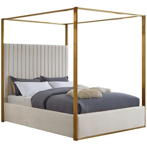 JonesCream-Q Jones Collection Modern | Contemporary Upholstered Queen Bed, Cream Velvet, Channel Tufting, Brushed Brass Frame, 66.5" W x 86.5" D x 79" H, Cream, Queen