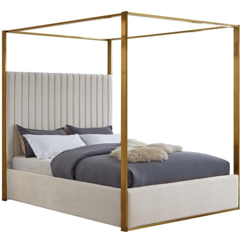 JonesCream-Q Jones Collection Modern | Contemporary Upholstered Queen Bed, Cream Velvet, Channel Tufting, Brushed Brass Frame, 66.5" W x 86.5" D x 79" H, Cream, Queen
