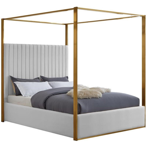 JonesWhite-Q Jones Collection Modern | Contemporary Upholstered Queen Bed, White Vegan Leather, Tufting, Brushed Brass Frame, 66.5" W x 86.5" D x 79" H, White, Queen
