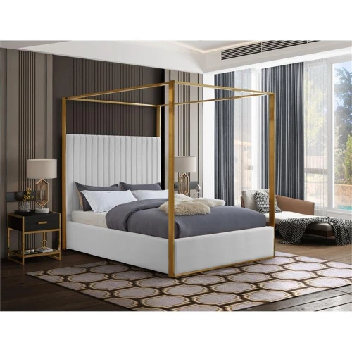 JonesWhite-Q Jones Collection Modern | Contemporary Upholstered Queen Bed, White Vegan Leather, Tufting, Brushed Brass Frame, 66.5" W x 86.5" D x 79" H, White, Queen