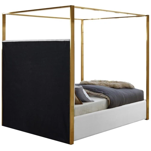 JonesWhite-Q Jones Collection Modern | Contemporary Upholstered Queen Bed, White Vegan Leather, Tufting, Brushed Brass Frame, 66.5" W x 86.5" D x 79" H, White, Queen