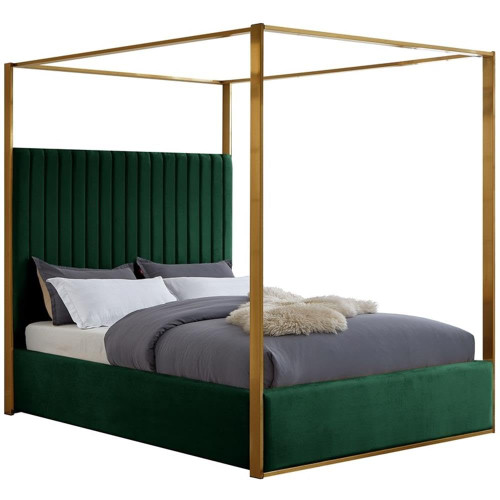 JonesGreen-Q Jones Collection Modern | Contemporary Upholstered Queen Bed, Green Velvet, Channel Tufting, Brushed Brass Frame, 66.5" W x 86.5" D x 79" H, Green, Queen