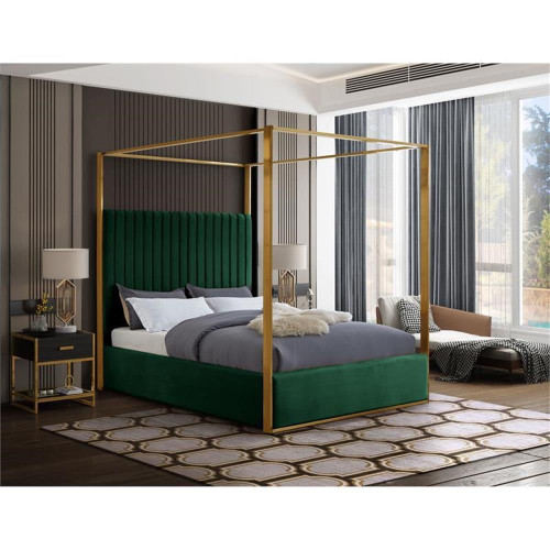 JonesGreen-Q Jones Collection Modern | Contemporary Upholstered Queen Bed, Green Velvet, Channel Tufting, Brushed Brass Frame, 66.5" W x 86.5" D x 79" H, Green, Queen