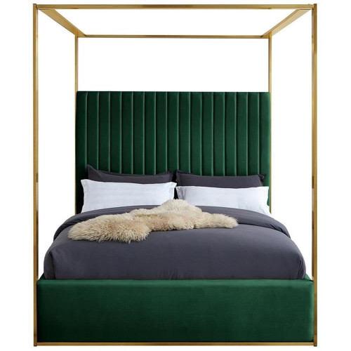 JonesGreen-Q Jones Collection Modern | Contemporary Upholstered Queen Bed, Green Velvet, Channel Tufting, Brushed Brass Frame, 66.5" W x 86.5" D x 79" H, Green, Queen