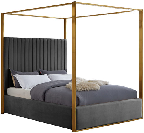 JonesGrey-K Jones Collection Modern | Contemporary Upholstered King Bed, Grey Velvet, Channel Tufting, Brushed Brass Frame, 82.5" W x 86.5" D x 79" H, Grey, King