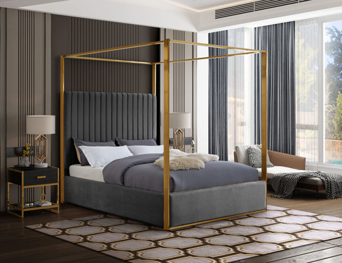 JonesGrey-K Jones Collection Modern | Contemporary Upholstered King Bed, Grey Velvet, Channel Tufting, Brushed Brass Frame, 82.5" W x 86.5" D x 79" H, Grey, King