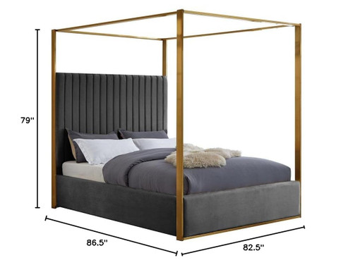 JonesGrey-K Jones Collection Modern | Contemporary Upholstered King Bed, Grey Velvet, Channel Tufting, Brushed Brass Frame, 82.5" W x 86.5" D x 79" H, Grey, King
