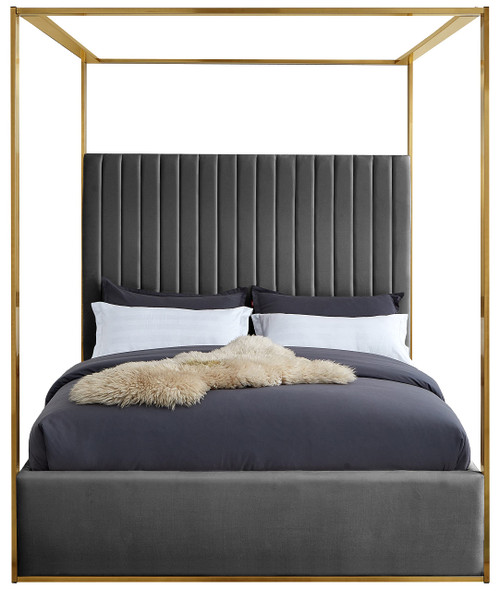 JonesGrey-K Jones Collection Modern | Contemporary Upholstered King Bed, Grey Velvet, Channel Tufting, Brushed Brass Frame, 82.5" W x 86.5" D x 79" H, Grey, King