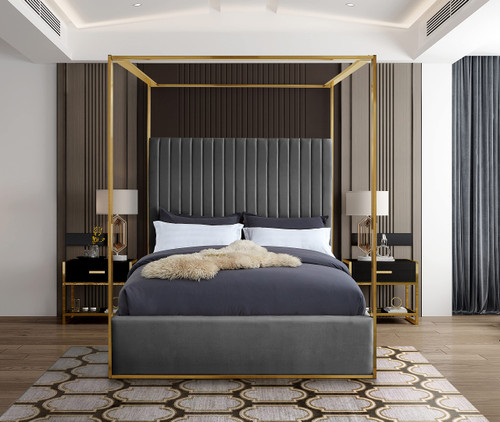 JonesGrey-K Jones Collection Modern | Contemporary Upholstered King Bed, Grey Velvet, Channel Tufting, Brushed Brass Frame, 82.5" W x 86.5" D x 79" H, Grey, King