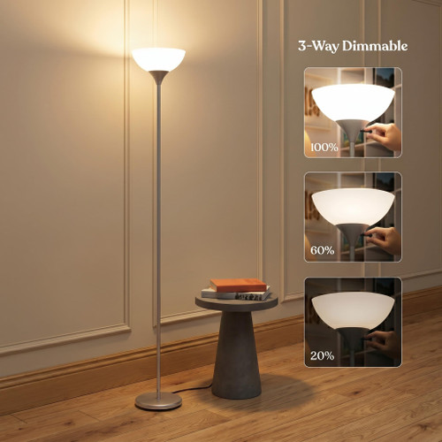 Sky Dome Dimmable LED Floor Lamp, Torchiere Floor Lamp for Living Room, Bedroom, & Office – Tall Torch Standing Lamp for Reading, Modern Home Decor – Platinum Silver