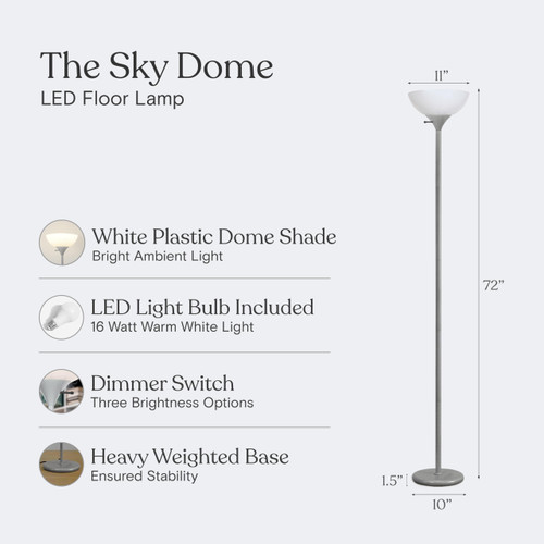 Sky Dome Dimmable LED Floor Lamp, Torchiere Floor Lamp for Living Room, Bedroom, & Office – Tall Torch Standing Lamp for Reading, Modern Home Decor – Platinum Silver