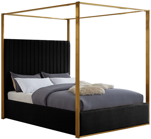 JonesBlack-K Jones Collection Modern | Contemporary Upholstered King Bed, Black Velvet, Channel Tufting, Brushed Brass Frame, 82.5" W x 86.5" D x 79" H, Black, King