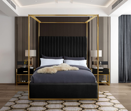 JonesBlack-K Jones Collection Modern | Contemporary Upholstered King Bed, Black Velvet, Channel Tufting, Brushed Brass Frame, 82.5" W x 86.5" D x 79" H, Black, King