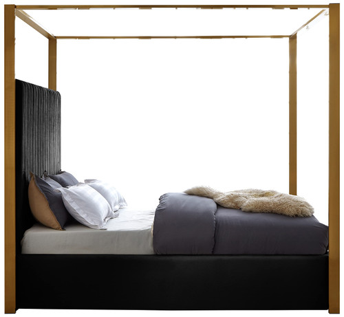 JonesBlack-K Jones Collection Modern | Contemporary Upholstered King Bed, Black Velvet, Channel Tufting, Brushed Brass Frame, 82.5" W x 86.5" D x 79" H, Black, King