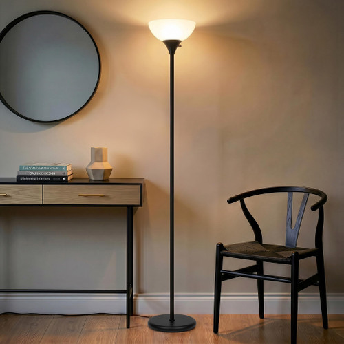 Sky Dome Dimmable LED Floor Lamp, Torchiere Floor Lamp for Living Room, Bedroom, & Office – Tall Torch Standing Lamp for Reading, Modern Home Decor – Jet Black