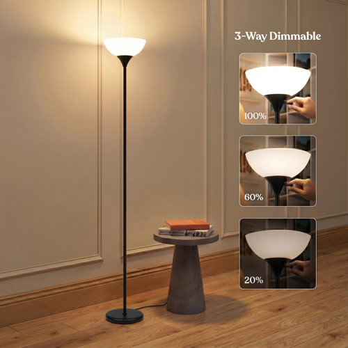 Sky Dome Dimmable LED Floor Lamp, Torchiere Floor Lamp for Living Room, Bedroom, & Office – Tall Torch Standing Lamp for Reading, Modern Home Decor – Jet Black