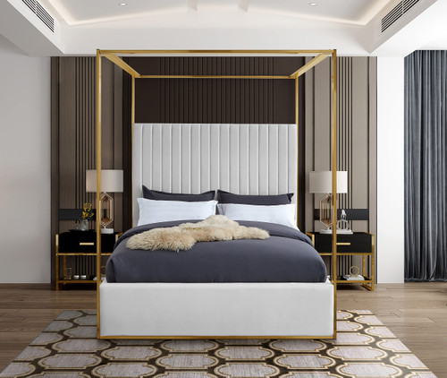 JonesWhite-K Jones Collection Modern | Contemporary Upholstered King Bed, White Vegan Leather, Tufting, Brushed Brass Frame, 82.5" W x 86.5" D x 79" H, White, King