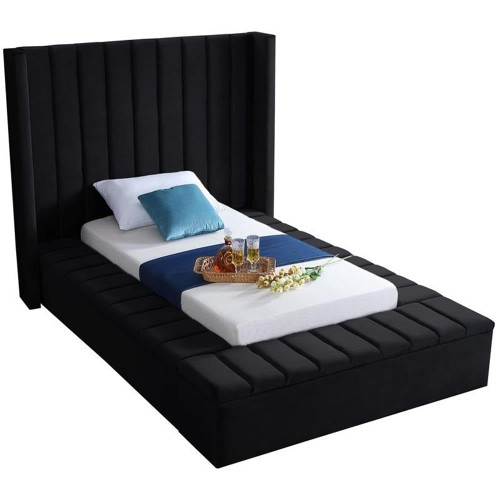 Kiki Collection Modern | Contemporary Velvet Upholsterd Bed with Channel Tufting, Siderails and Footboard Storage Compartments, Twin, Black