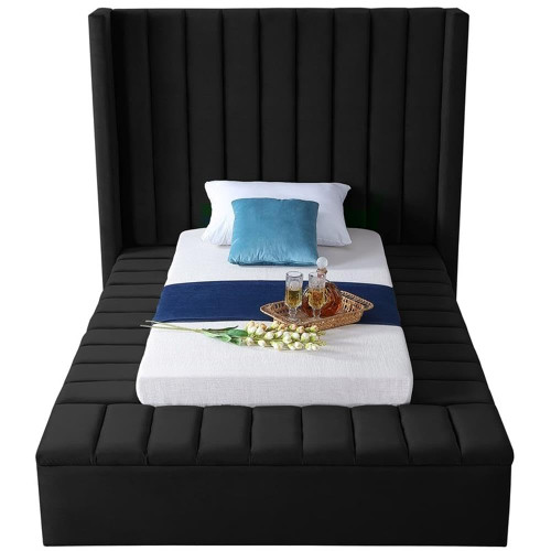 Kiki Collection Modern | Contemporary Velvet Upholsterd Bed with Channel Tufting, Siderails and Footboard Storage Compartments, Twin, Black