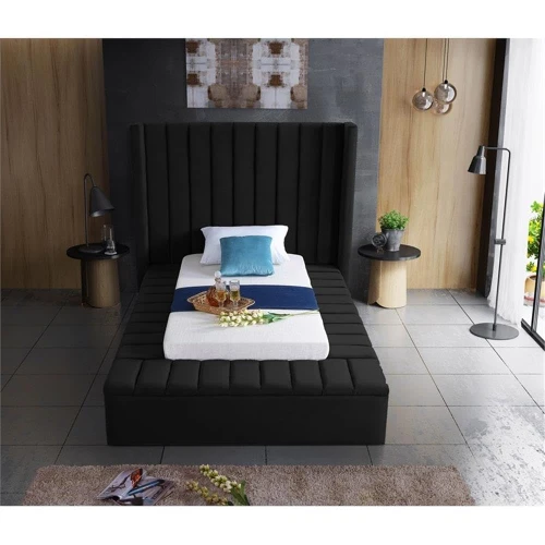 Kiki Collection Modern | Contemporary Velvet Upholsterd Bed with Channel Tufting, Siderails and Footboard Storage Compartments, Twin, Black