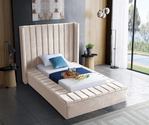 Kiki Collection Modern | Contemporary Velvet Upholsterd Bed with Channel Tufting, Siderails and Footboard Storage Compartments, Twin, Cream