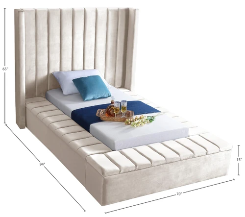 Kiki Collection Modern | Contemporary Velvet Upholsterd Bed with Channel Tufting, Siderails and Footboard Storage Compartments, Twin, Cream