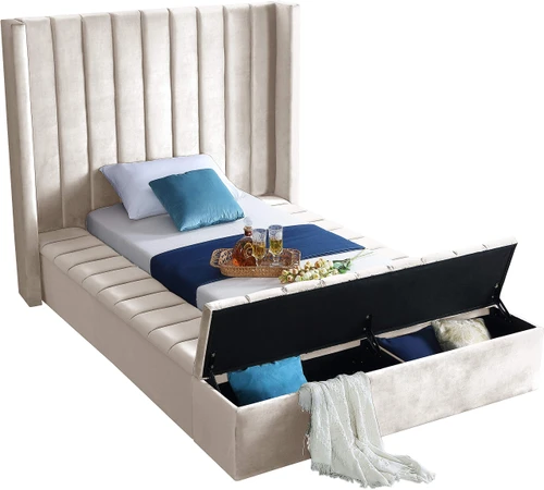 Kiki Collection Modern | Contemporary Velvet Upholsterd Bed with Channel Tufting, Siderails and Footboard Storage Compartments, Twin, Cream