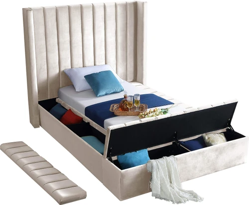Kiki Collection Modern | Contemporary Velvet Upholsterd Bed with Channel Tufting, Siderails and Footboard Storage Compartments, Twin, Cream