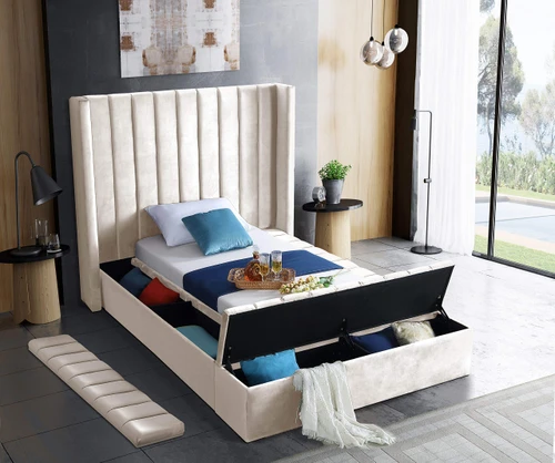 Kiki Collection Modern | Contemporary Velvet Upholsterd Bed with Channel Tufting, Siderails and Footboard Storage Compartments, Twin, Cream