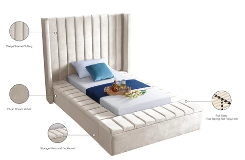 Kiki Collection Modern | Contemporary Velvet Upholsterd Bed with Channel Tufting, Siderails and Footboard Storage Compartments, Twin, Cream