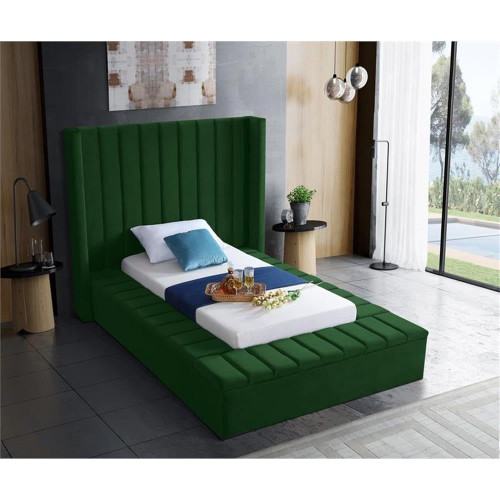 Kiki Collection Modern | Contemporary Velvet Upholsterd Bed with Channel Tufting, Siderails and Footboard Storage Compartments, Twin, Green