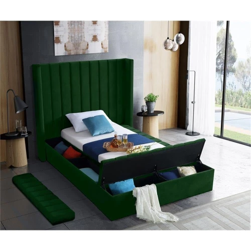 Kiki Collection Modern | Contemporary Velvet Upholsterd Bed with Channel Tufting, Siderails and Footboard Storage Compartments, Twin, Green