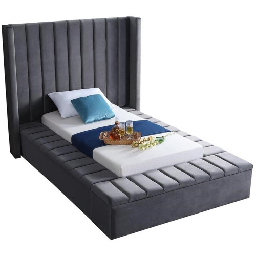 Kiki Collection Modern | Contemporary Velvet Upholsterd Bed with Channel Tufting, Siderails and Footboard Storage Compartments, Twin, Grey