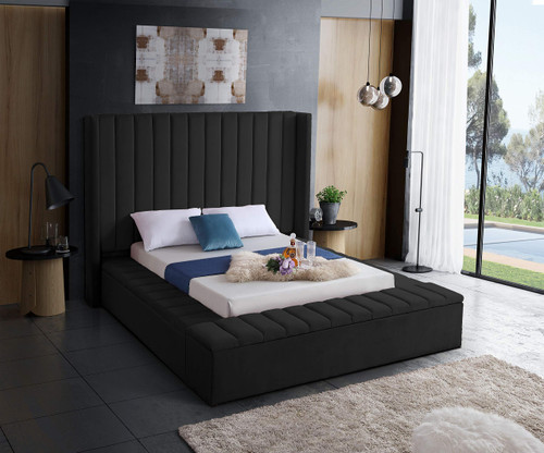 Kiki Collection Modern | Contemporary Velvet Upholsterd Bed with Channel Tufting, Siderails and Footboard Storage Compartments, Full, Black